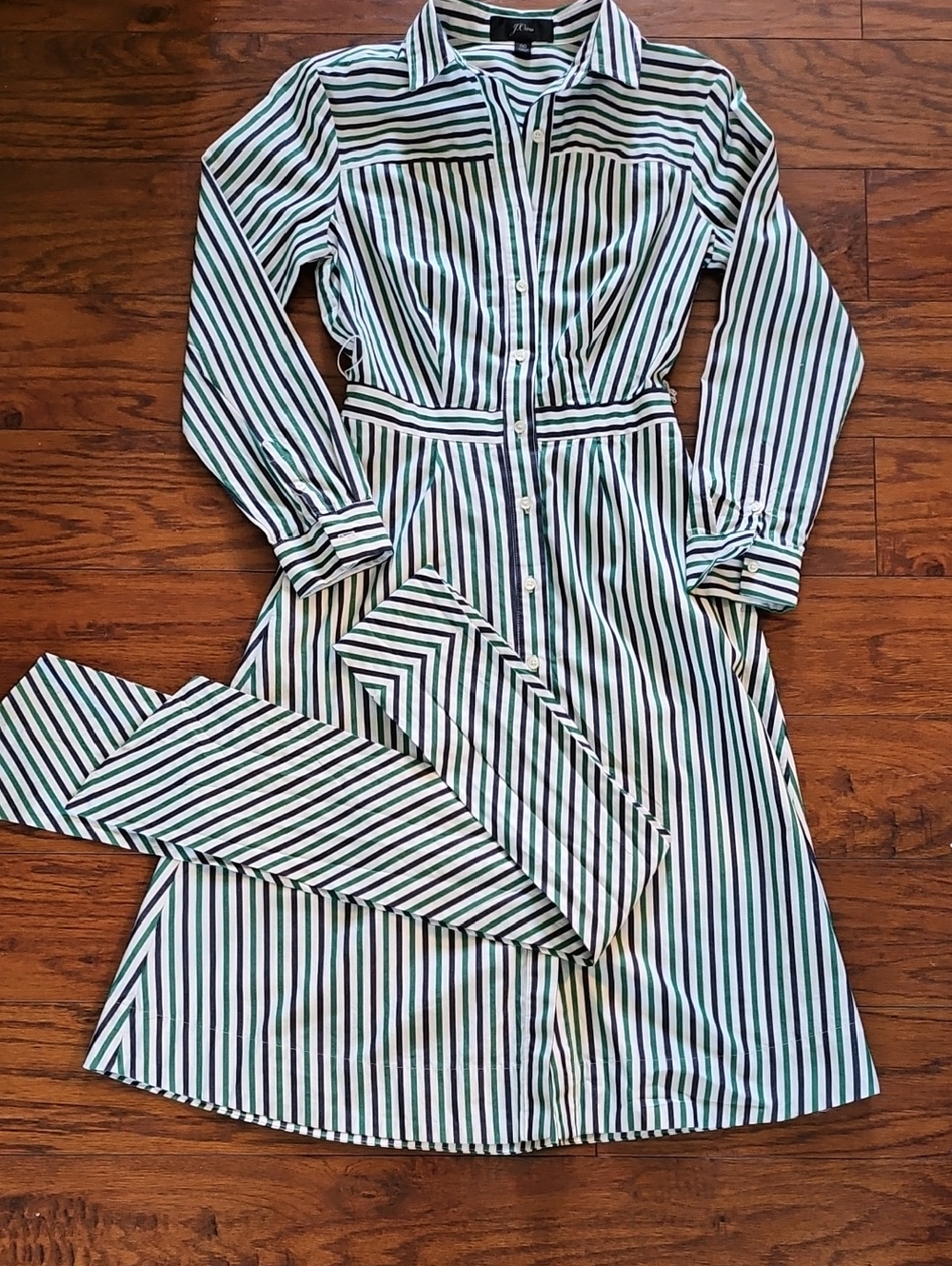 J Crew Tie Waist Shirt Dress Navy/ Green/ White Stripes Size 00 - Picture 9 of 11